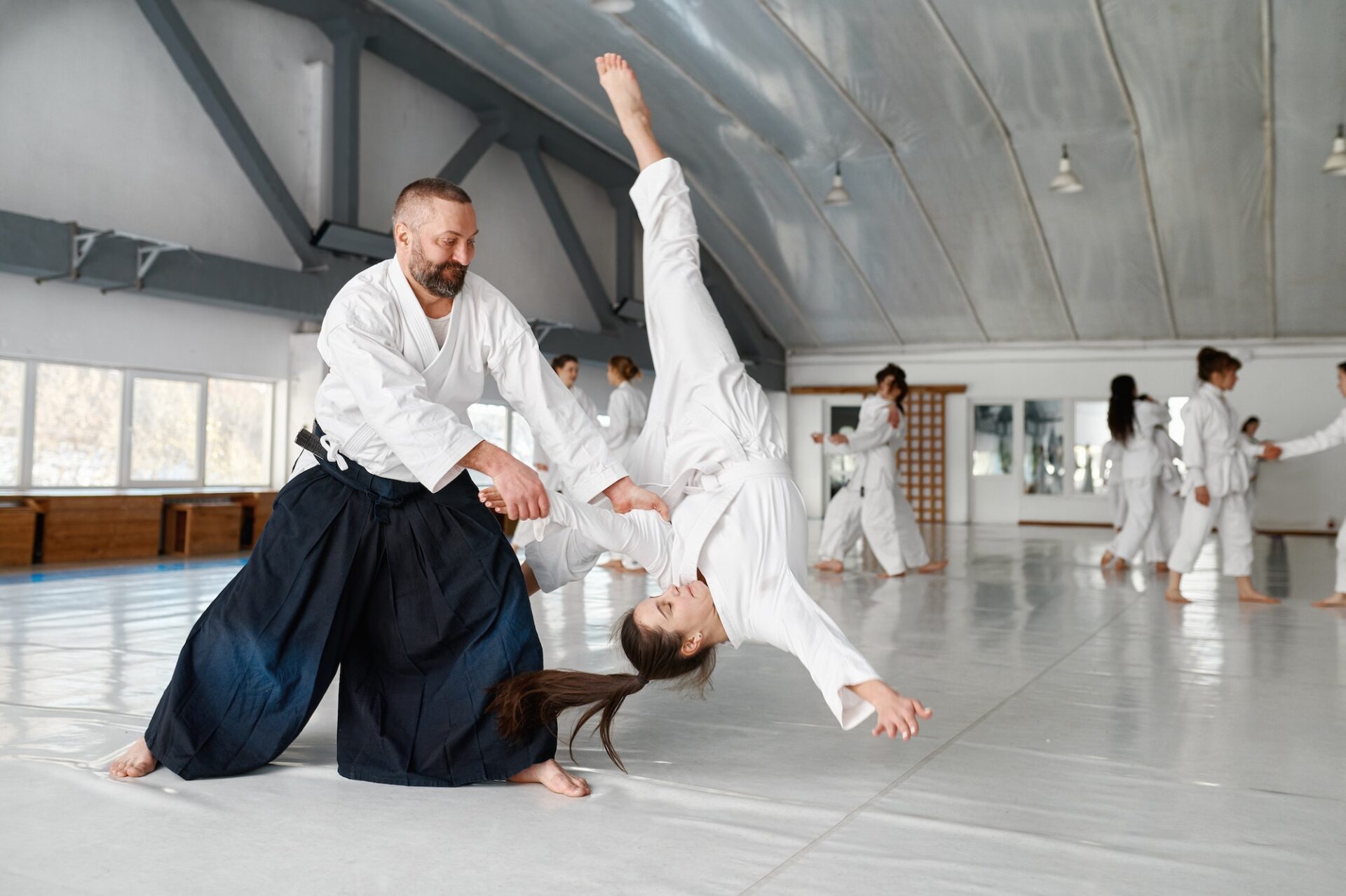 Aikido teacher and student training throwing and falling